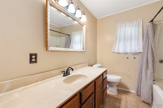 full bathroom featuring toilet, shower / bath combo with shower curtain, ornamental molding, vanity, and tile patterned floors