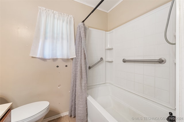 full bathroom with vanity, crown molding, shower / bath combo with shower curtain, and toilet