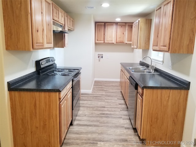 kitchen with black range with electric cooktop, stainless steel dishwasher, sink, and light wood-type flooring