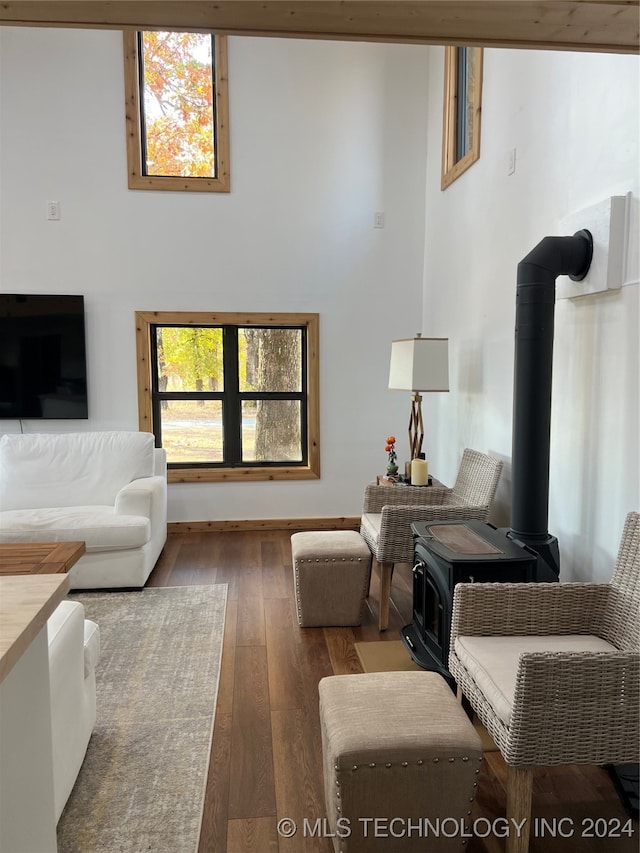 living room with a wood stove and hardwood / wood-style floors