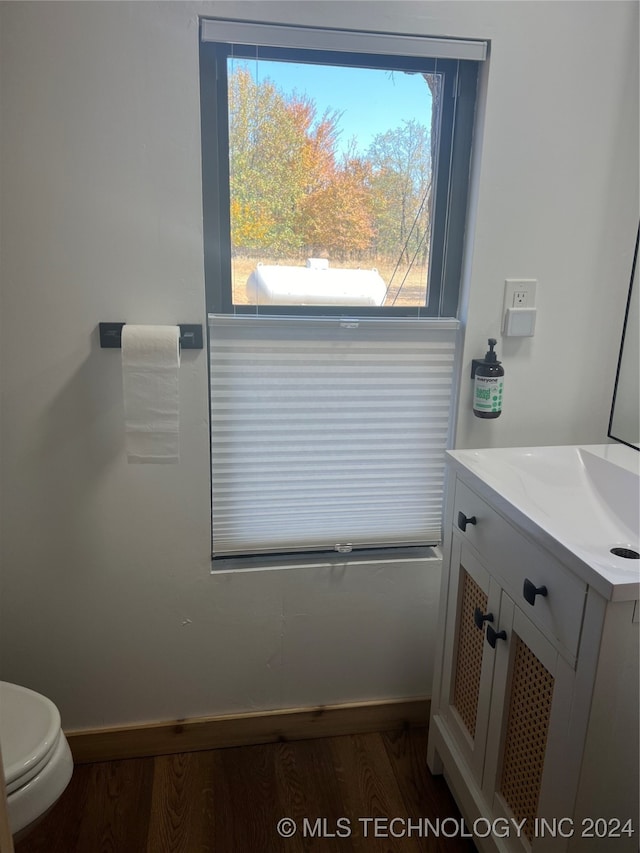 half bath featuring toilet, vanity, baseboards, and wood finished floors