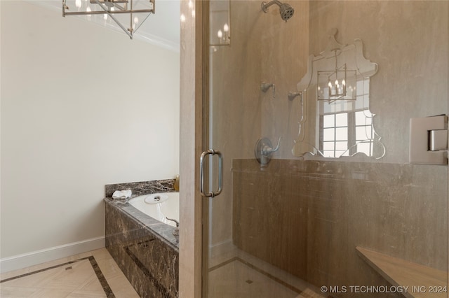 bathroom featuring crown molding, independent shower and bath, and tile patterned flooring