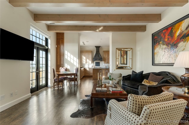 living room with french doors, beam ceiling, and dark hardwood / wood-style flooring