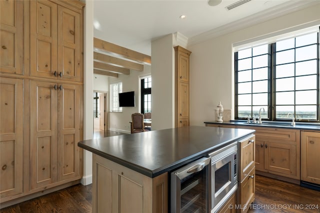 kitchen with stainless steel microwave, dark hardwood / wood-style flooring, a wealth of natural light, and beverage cooler