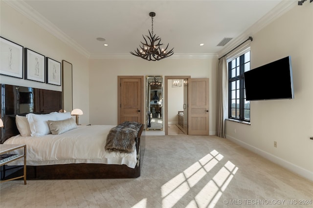 bedroom with connected bathroom, light carpet, a notable chandelier, and ornamental molding