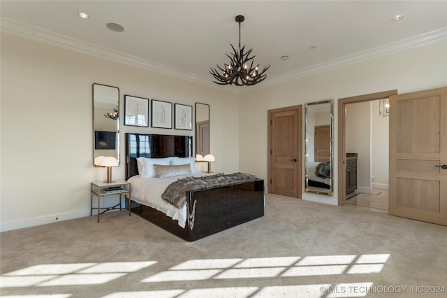 carpeted bedroom featuring ornamental molding and an inviting chandelier