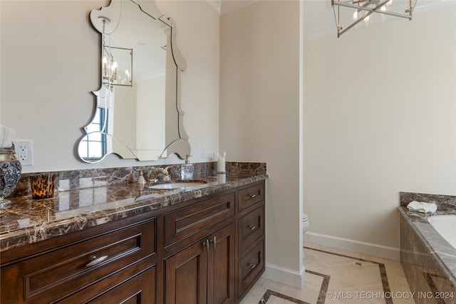 bathroom featuring toilet, tile patterned flooring, tiled tub, crown molding, and vanity