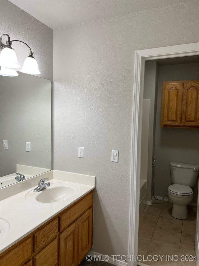 bathroom with vanity, toilet, and tile patterned floors