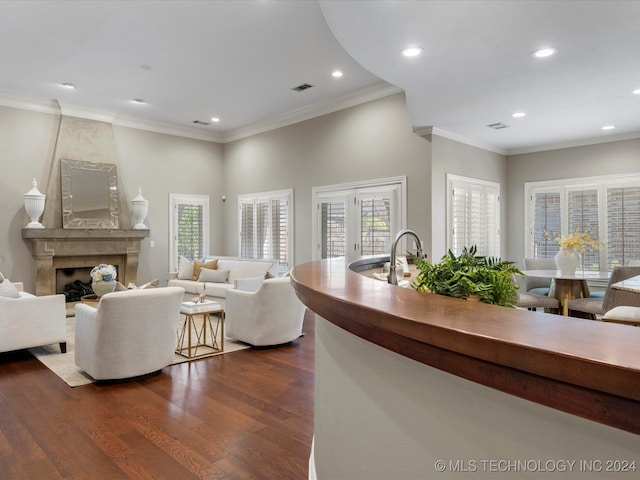 living room featuring crown molding, dark hardwood / wood-style floors, sink, and a fireplace