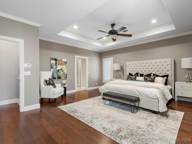 bedroom featuring ornamental molding, dark hardwood / wood-style floors, and ceiling fan