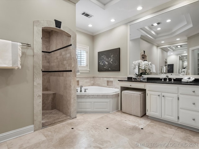 bathroom with vanity, independent shower and bath, and ornamental molding