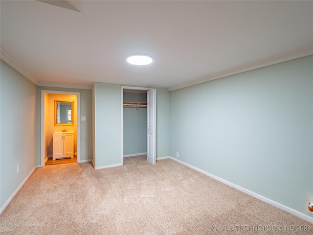 unfurnished bedroom with light carpet and ornamental molding