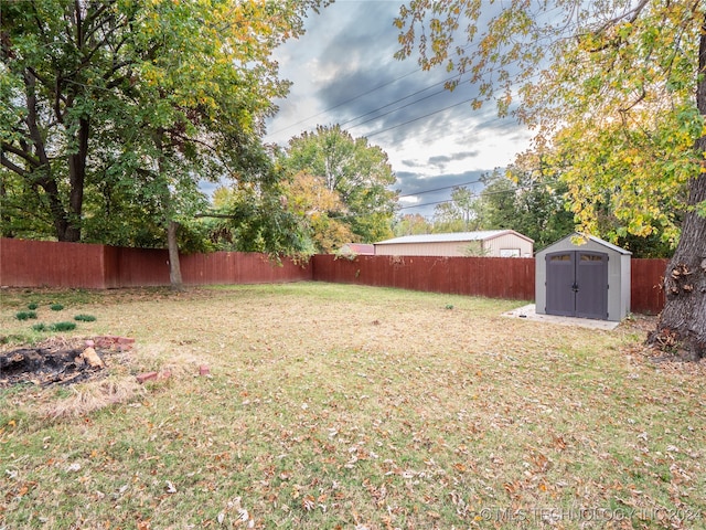 view of yard featuring a storage unit