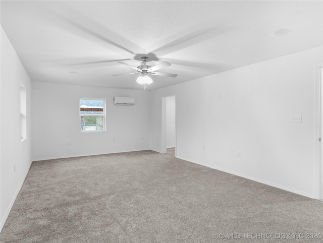 carpeted spare room featuring ceiling fan and an AC wall unit