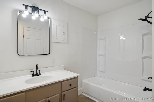 bathroom featuring vanity, shower / washtub combination, and electric panel