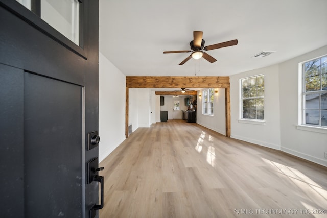 unfurnished living room featuring light hardwood / wood-style floors and ceiling fan