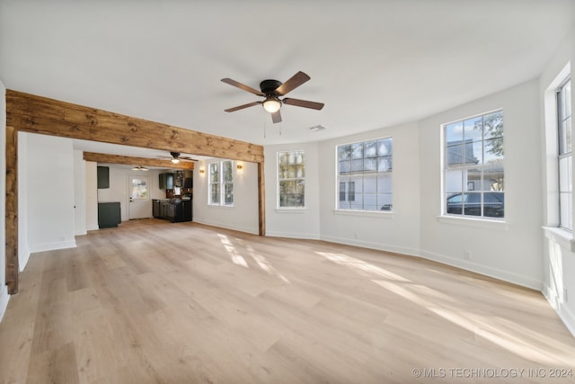 unfurnished living room with light hardwood / wood-style flooring, ceiling fan, and a wealth of natural light