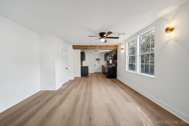 unfurnished living room with light wood-type flooring and ceiling fan