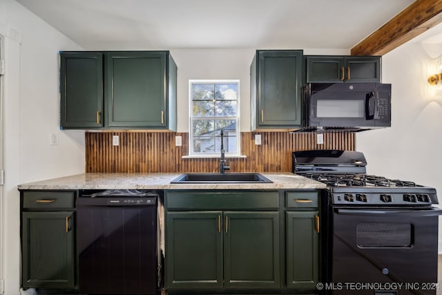 kitchen with black appliances, sink, green cabinetry, backsplash, and beam ceiling