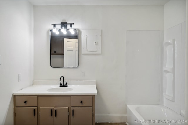 bathroom featuring vanity, electric panel, and a washtub