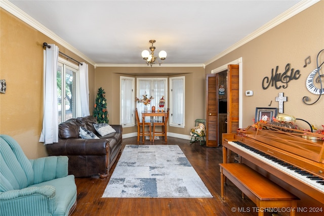 living room featuring ornamental molding, a chandelier, and dark hardwood / wood-style flooring