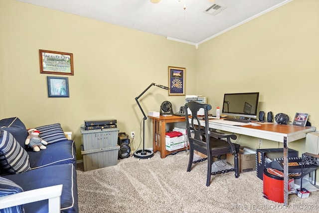 office area featuring ornamental molding and carpet floors