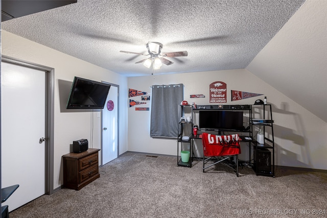 interior space with lofted ceiling, a textured ceiling, and ceiling fan