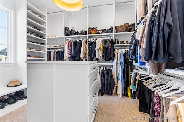 walk in closet featuring light colored carpet