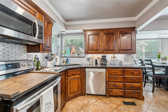 kitchen featuring ornamental molding, sink, stainless steel appliances, and backsplash