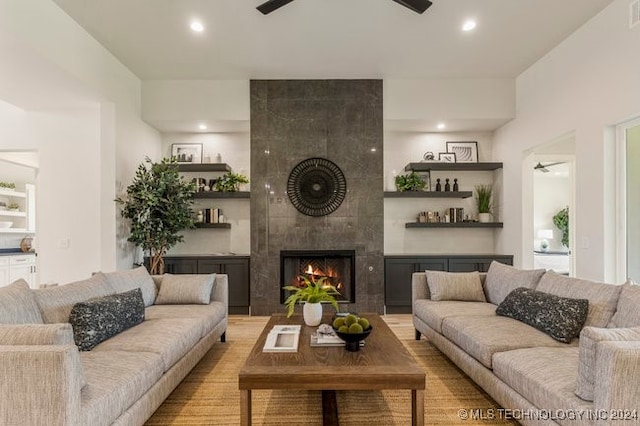 living room with a fireplace