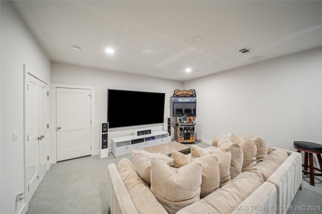 living room featuring light carpet