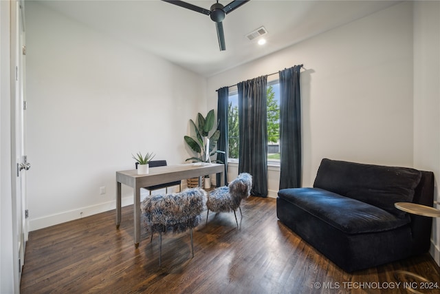 office space with dark wood-type flooring and ceiling fan