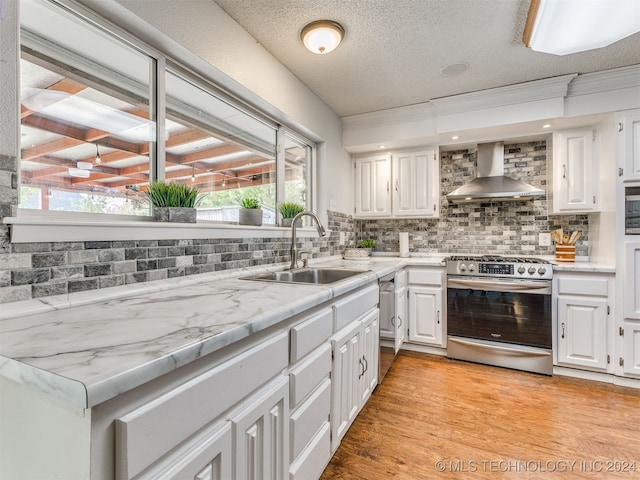 kitchen with a healthy amount of sunlight, wall chimney range hood, stainless steel range, and tasteful backsplash