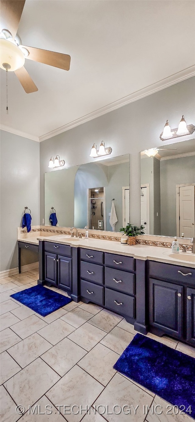 bathroom with vanity, crown molding, tile patterned flooring, and ceiling fan