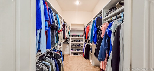 walk in closet featuring light colored carpet