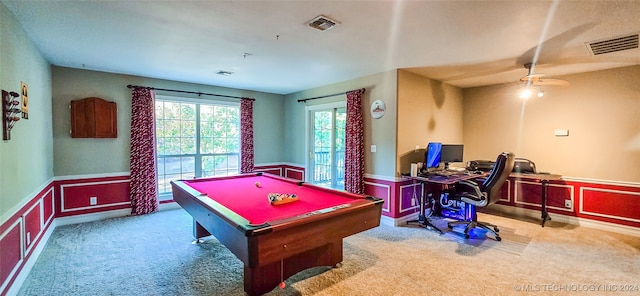 recreation room featuring light carpet, billiards, and ceiling fan