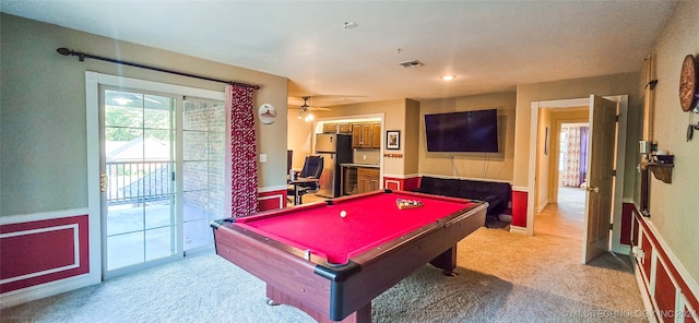 game room with light colored carpet, billiards, and ceiling fan