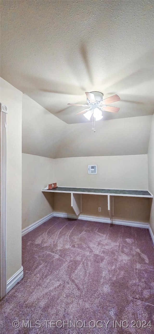 additional living space featuring carpet floors, ceiling fan, vaulted ceiling, and a textured ceiling