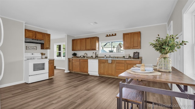 kitchen with ornamental molding, hardwood / wood-style floors, white appliances, and sink