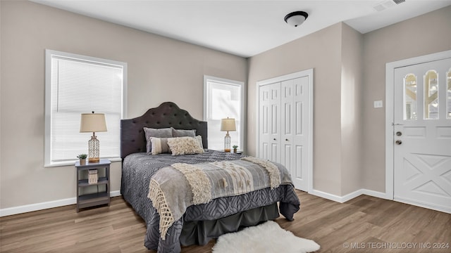 bedroom with a closet, wood-type flooring, and multiple windows