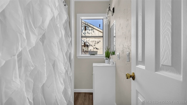 bathroom featuring vanity and hardwood / wood-style flooring