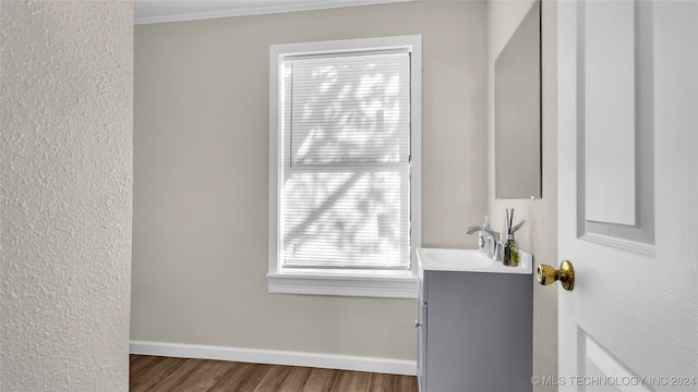 bathroom featuring vanity, crown molding, and hardwood / wood-style flooring