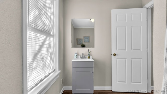 bathroom with vanity and hardwood / wood-style floors