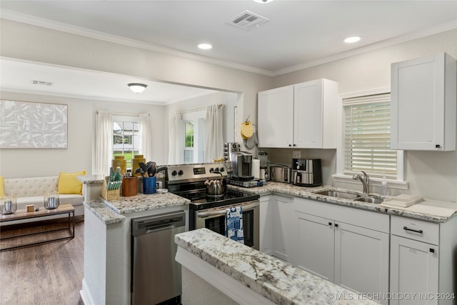 kitchen featuring light stone countertops, sink, white cabinetry, stainless steel appliances, and hardwood / wood-style flooring