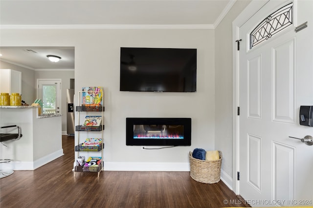 living room with crown molding and dark hardwood / wood-style floors