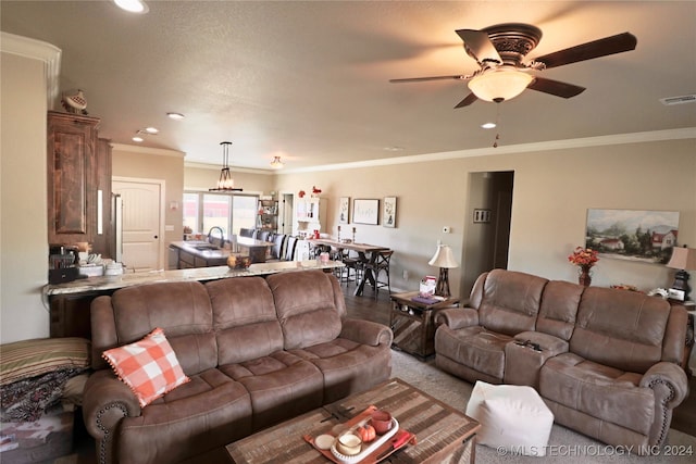 living room featuring ceiling fan, sink, and crown molding