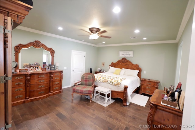 bedroom with dark wood-type flooring, ceiling fan, and crown molding