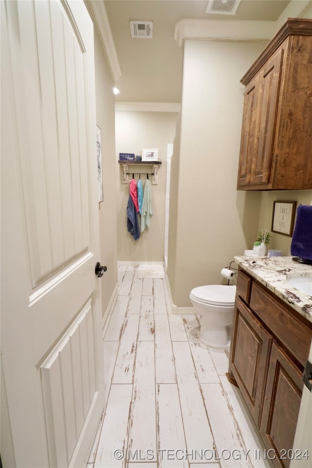 bathroom with toilet, vanity, and wood-type flooring