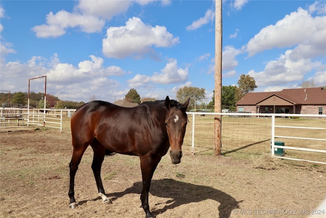 view of horse barn featuring a rural view