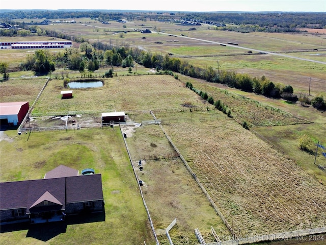 bird's eye view featuring a rural view and a water view